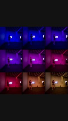 multiple images of a person standing in an empty room with purple and blue lighting on the walls