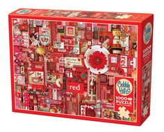 a red puzzle box filled with lots of different things on it's sides and the lid