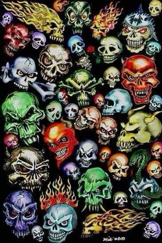 a bunch of skulls with different colors and designs on their faces are shown in this image