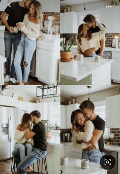 two people are hugging in the kitchen while another person is sitting on a stool and kissing