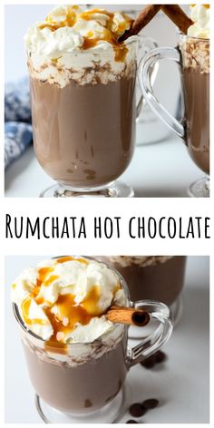 A glass mug filled with RumChata hot chocolate, topped with whipped cream and caramel sauce. Rumchata Hot Chocolate, Rumchata Recipes, Cinnamon Hot Chocolate, Creamy Hot Chocolate, Kid Friendly Drinks, Craft Cocktail Recipe, Hot Drinks Recipes, Homemade Cocktails, Seasonal Drinks