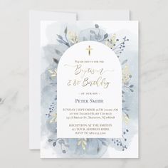 Baptism & 1st Birthday invitation Watercolor Foliage, 1st Birthday Themes, 1st Birthday Invitation, Bday Girl, 1st Birthday Invitations, Blue Watercolor, Sacred Heart, Birthday Theme, Christening