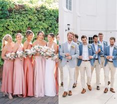 a group of people standing next to each other in front of a white building with flowers