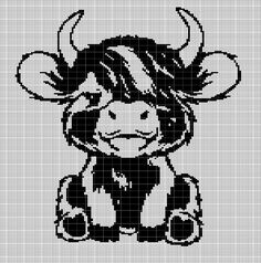 a black and white cross stitch pattern of a cow with horns on its head, sitting down