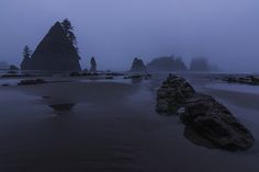 some rocks in the sand and water on a foggy day