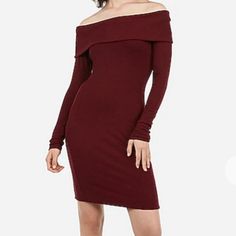 Available Is An Authentic Express Off The Shoulder Ribbed Cozy Sheath Dress Size Xs. The Dress Is Burgundy And Features: Description Soft, Ribbed Fabric, An Off-The-Shoulder Neckline And A Sleek Silhouette Makes This Cozy Sheath Dress A Must Have In Your Wardrobe. We Love It Paired With Sandals, Flats And More. Features & Fabric Ribbed Fabric Straight Hem; Mini Length Rayon/Polyester/Spandex Off The Shoulder Neckline Imported Long Sleeves Hand Wash Sandals Flats, Fleece Dress, Express Dresses, Ribbed Fabric, Sheath Dress, Polyester Spandex, Off The Shoulder, Off Shoulder, Colorful Dresses