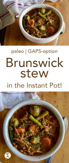 two bowls filled with stew on top of a wooden table