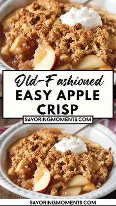 an easy apple crisp is served in a white bowl