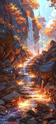 a painting of a waterfall surrounded by rocks and trees with bright lights coming from them