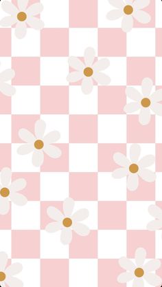 a pink and white checkered background with daisies