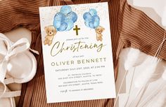 Christening Invitations Boy, Baby Boy Invitations, Brown Watercolor, Christening Invitation, Matching Baby, Baptism Invitations, Blue Balloons, First Birthday Invitations, Gifts Sign