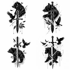 three black and white images of birds, bears and swords with crosses on them in different designs