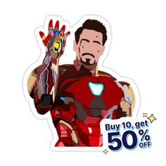 an iron man sticker with the words buy 10 get 50 % off on it