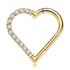 a gold heart shaped nose ring with clear stones on the inside and outside, set in 18k yellow gold