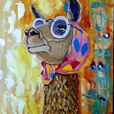 an acrylic painting of a llama wearing a scarf and eyeglasses