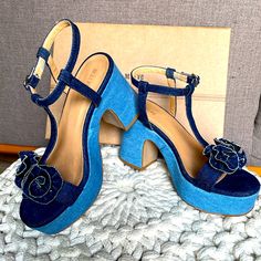 Gorgeous Two Tone Denim Platforms By Maeve With Denim Flowers On Front T Strap Worn Once! Like New Conditionstill Have Box! Elevate Any Outfit With These Fun Wedges Denim Flowers, T Strap, Platform Heels, Two Tone, Color Blue, Wedges, Like New, Women Shoes, Heels