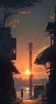 a person is walking down an alley way with the sun setting in the distance behind them