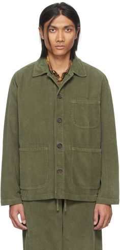 Cotton- and recycled cotton-blend corduroy jacket. · Spread collar · Button closure · Patch pockets · Elasticized cuffs · Unlined Supplier color: Olive Universal Works, Field Jacket, Green And Khaki, Mens Green, Corduroy Jacket, Recycled Cotton, Mens Jackets, Cotton Blend, Women Wear