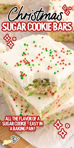 christmas sugar cookie bars with white frosting and sprinkles are stacked on top of each other