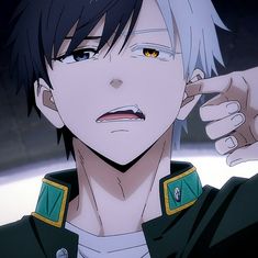 an anime character with black hair and yellow eyes pointing his finger at the viewer's ear