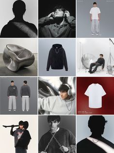 multiple images of men in black, white and grey clothing with their shadows on them