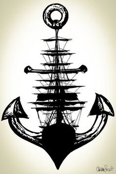 the silhouette of an anchor is shown in black and white, against a light colored background