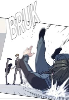 an anime scene with two men in suits and one is falling off the ground while another man looks on