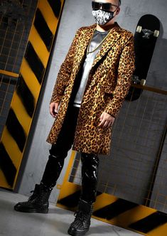 S-6XL Fashion Leopard Printing Long Blazers Jackets Men's Suits Bar Nightclub Singer DJ Stage outfit Rock Hip Hop Rock Costumes Winter Concert Fitted Outerwear, Fitted Fall Outerwear For Club, Punk Style Winter Club Outerwear, Winter Outerwear With Pockets For Parties, Winter Party Outerwear With Pockets, Black Retro Party Outerwear, Retro Black Party Outerwear, Retro Winter Party Outerwear, Punk Rock Costume