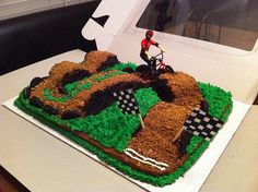 a cake that is shaped like a dirt bike track with grass and dirt on top