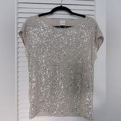 Sequin T Shirt, Size M-L, Silver/Beige, By Madeline, Nwot Sequin T Shirt, Sequin Shirt, Silver Bead, Silver Sequin, Beige Color, Fashion Illustration, Tee Shirt, Sequin, Tee Shirts