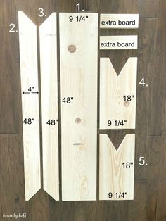 three pieces of wood are shown with measurements for the boards to be cut in half