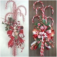 two christmas wreaths with candy canes attached to the front and back of them