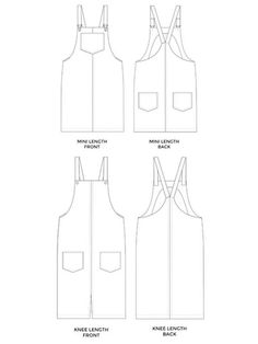 four aprons with different pockets and straps, all showing the same pocket for each item