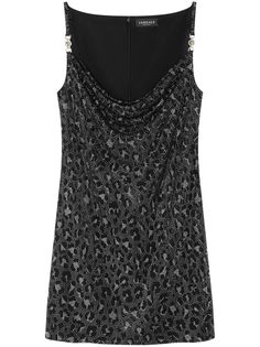 black crystal embellishment leopard print scoop neck sleeveless straight hem thigh-length Versace Mini Dress, Cowl Neck Mini Dress, Versace Outfit, Cowl Neckline, Exclusive Fashion, Professional Cleaning, Sleeveless Mini Dress, Printed Mini Dress, Mini Black Dress