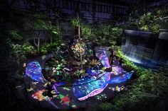 an illuminated garden in the dark with lots of plants and flowers on it's sides