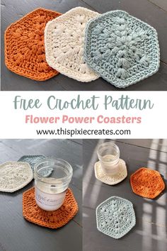 crochet coasters with the text free crochet pattern flower power coasters