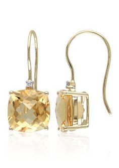 Belk & Co. 10K Yellow Gold Citrine And Diamond Earrings. These 10k yellow gold dangle earrings feature 8.00 ct. t.w. cushion shape citrine with 0.02 diamond accent and measure 24-mm. in length and 10-mm. in width. Almost all gemstones have been treated to enhance their beauty and require special care. Citrine Earrings, Classic Earrings, Yellow Gold Earring, Gold Earrings Dangle, Gorgeous Earrings, Hook Earrings, 10k Gold, Gemstone Earrings, Crystal Earrings