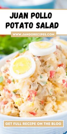 a bowl filled with potato salad on top of a blue and white striped table cloth