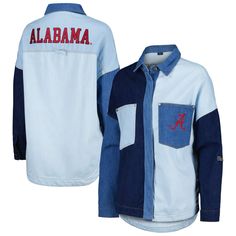 This full-snap Alabama Crimson Tide jacket from Hype and Vice is the perfect layer for chilly games. Denim fabric adds dimension to the understated Alabama Crimson Tide embroidery and provides excellent warmth to stifle cold temperatures. The relaxed fit makes it comfortable to root for your squad in style. Long sleeve Material: 64% Cotton/31% Polyester/3% Rayon/2% Spandex Officially licensed Two front pockets Embroidered graphics Machine wash with garment inside out, tumble dry low Rounded drop Urban Style Outerwear For Game Day In Fall, Urban Outerwear For Game Day In Fall, Spring Denim Outerwear For College, Long-sleeved Cotton Denim Jacket For College, Long Sleeve Winter Outerwear For Game Day, Winter Game Day Long Sleeve Outerwear, Cotton Long Sleeve Denim Jacket For College, Long Sleeve Outerwear For Game Day In Winter, Casual Long Sleeve Denim Jacket For College