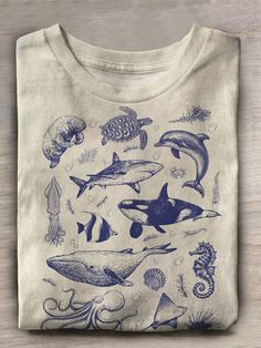 Cyanotype Shirts, Tshirt Printing Design Ideas, Aop Prints, Marine Biology Shirts, Animal Clothes, Cute Summer Shirts, Trending Graphic Tees, T Shirt Prints, Sassy Shirts