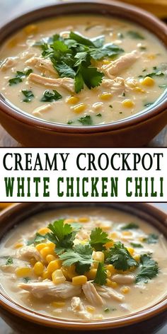 two bowls of creamy crockpot white chicken chili