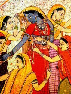 Holi in Vrindavan - Krishna crossdressing - painting presently at BHU, Varanasi. Holi Painting, Ancient Paintings, Pichwai Paintings, Indian Painting, Krishna Radha Painting, Holi Festival, Indian Folk Art, Madhubani Painting, Krishna Painting