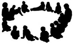 silhouettes of people sitting in a circle with their feet up and hands down on the ground