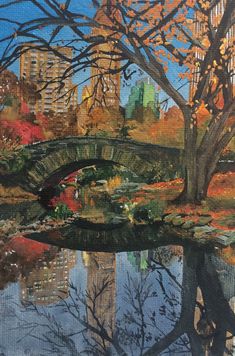 a painting of a bridge over a pond in a park with trees and buildings behind it