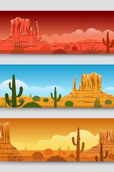 three horizontal banners with desert scenery