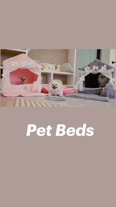 two small dogs are sitting in their pet houses, one is white and the other is pink