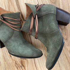 Hunter Green Suede Angle Boots With Decorative Copper Accents Suede Booties With Stacked Low Heel, Fall Suede Boots With Wrapped Heel, Suede Ankle Boots With Wrapped Heel, Suede Ankle-high Boots With Wrapped Heel, Ankle-high Suede Boots With Wrapped Heel, Boutique Shoes, Copper Accents, Shoe Boutique, Green Suede