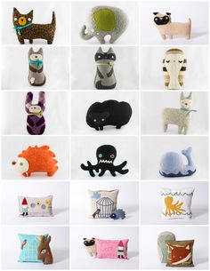 many different types of stuffed animals are shown in this collage, including cats and dogs