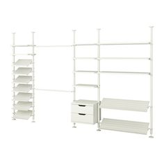 two white shelving units with shelves and drawers