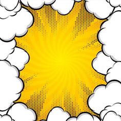 an abstract comic book background with white clouds and yellow sunburst in the center